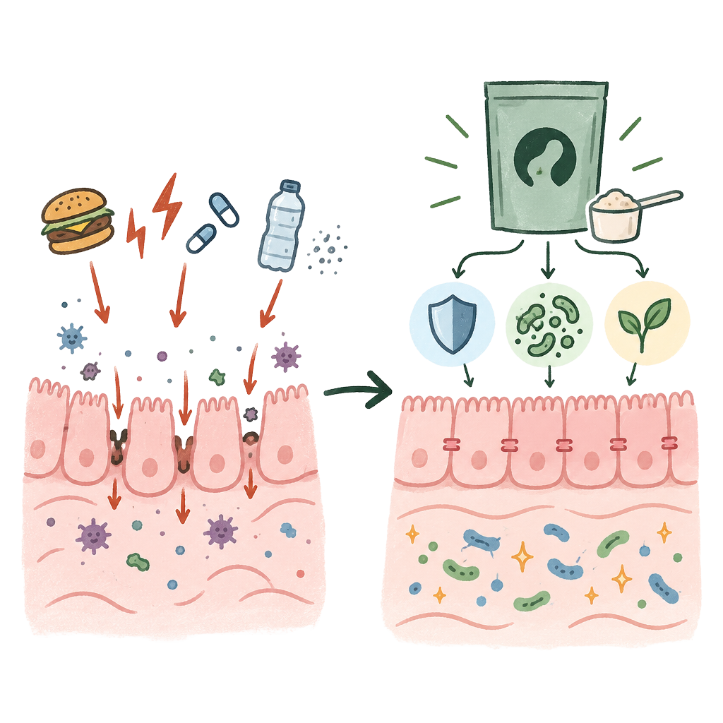 Illustration of a stressed gut lining next to a gut lining supported by Anomaly's three layers