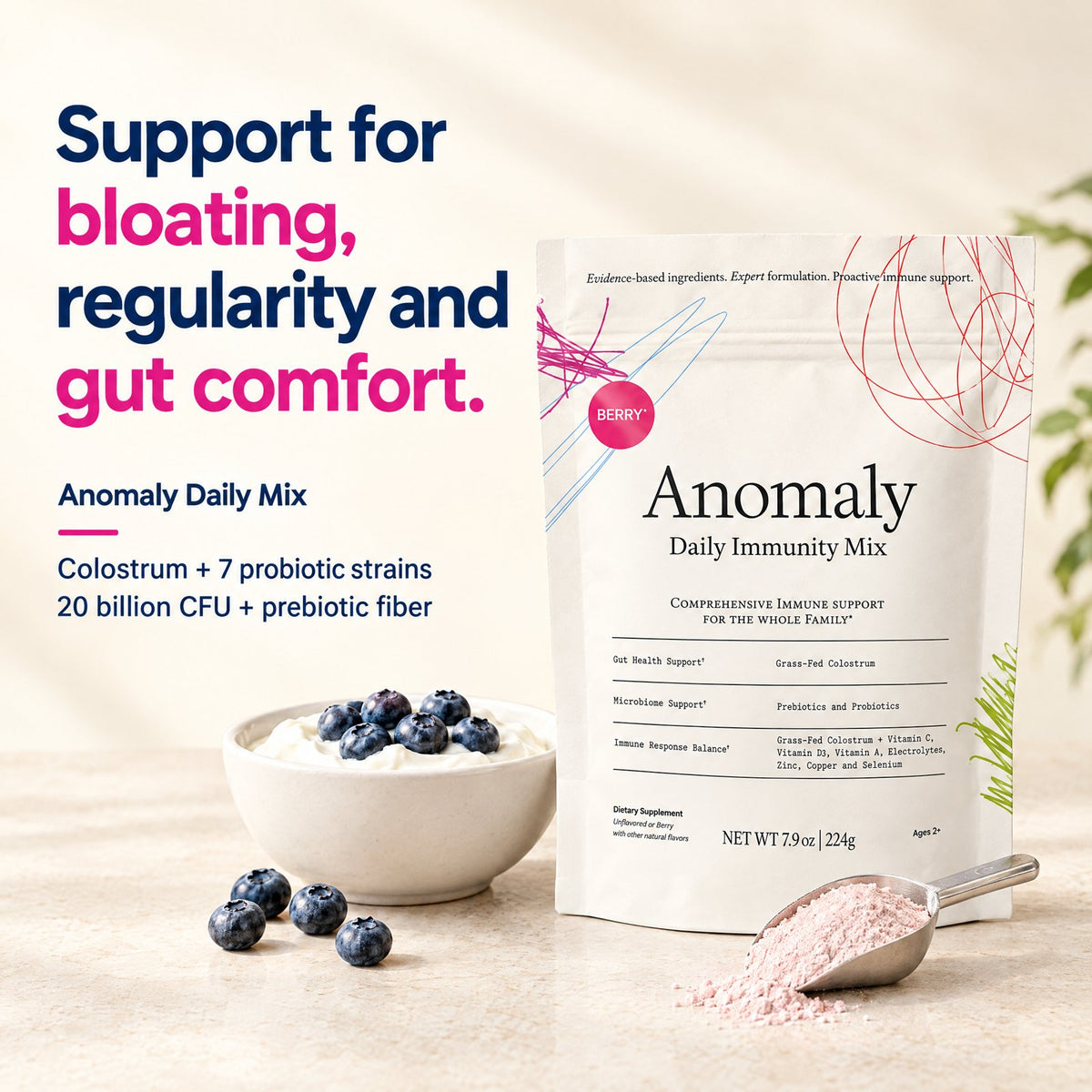 Anomaly bag beside a yogurt bowl with the headline Support for bloating, regularity and gut comfort