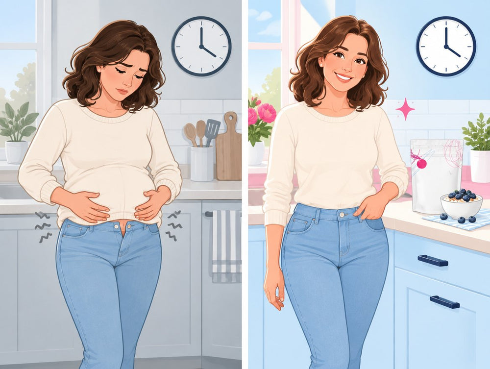 Cartoon before and after: at 4 p.m. a woman holds her bloated stomach, then the same woman relaxed and smiling at 4 p.m. with Anomaly on the counter