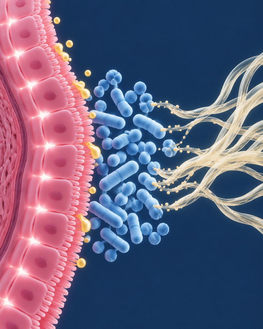 Illustration of the gut lining, beneficial bacteria and prebiotic fiber