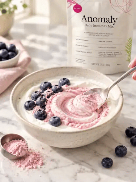 Pink Berry Anomaly powder being swirled into a bowl of Greek yogurt