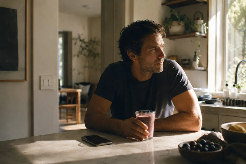 Man enjoying an Anomaly smoothie at the kitchen counter