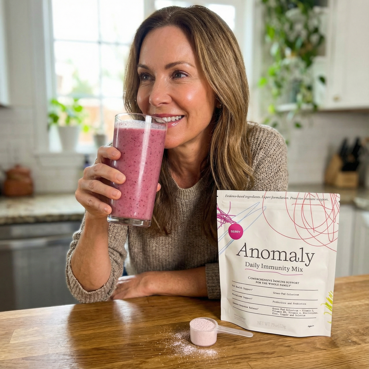 Woman drinking an Anomaly smoothie at a kitchen counter
